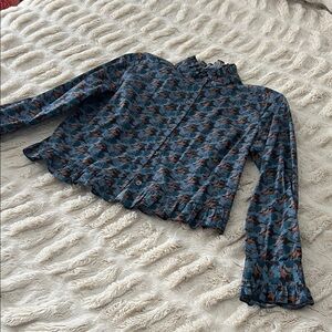 Chic Ruffle Neck Blouse - Blue and Brown